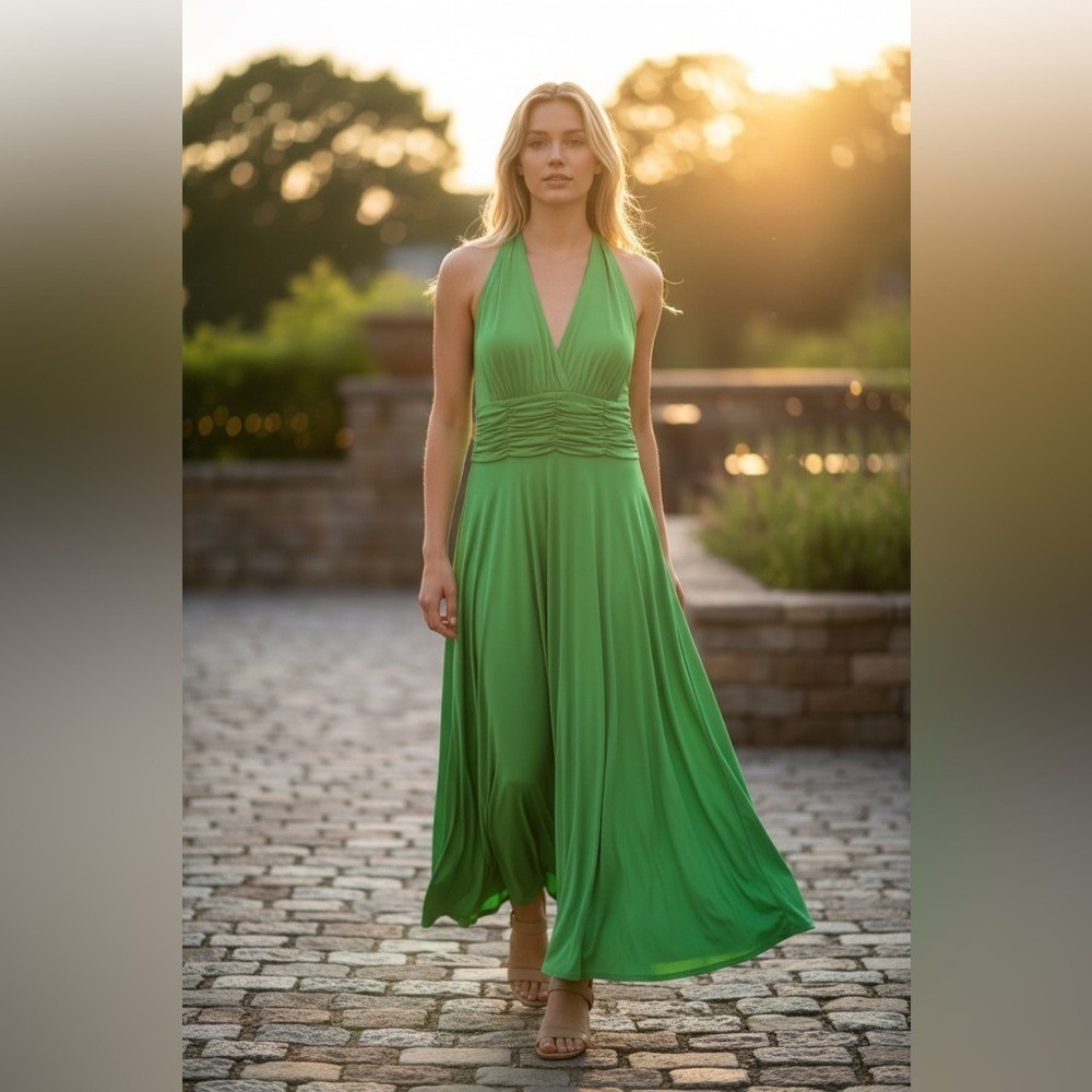 Evan-Picone Ruched Halter V-Neck Midi Dress Womens 8 Green Stretch Evening New